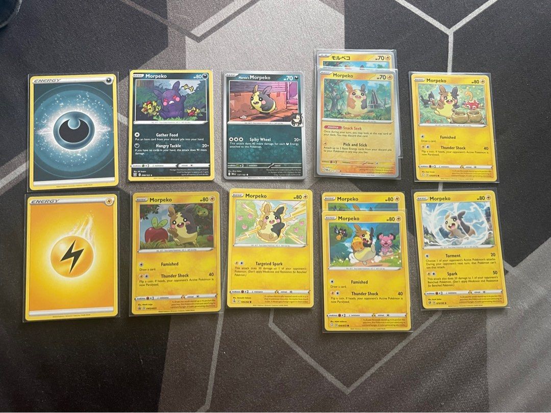 Morpeko Cards Lot (Category: Raw Singles) located in Quezon City. Submitted by regtailtherapy (Listing ID 1467965847, Image 1). Description: Morpeko (JP) Crimson Haze — Uncommon, 030/066 Sword & Shield Promo — SWSH031 Morpeko (035) Shining Fates — Common, 035/072 Morpeko Battle Styles — Uncommon, 098/163 Reverse Holo Twilight Masquerade — Uncommon, 072/167 Morpeko (036) Shining Fates — Common, 036/072 Morpeko Rebel Clash — Uncommon, 073/192 Marni