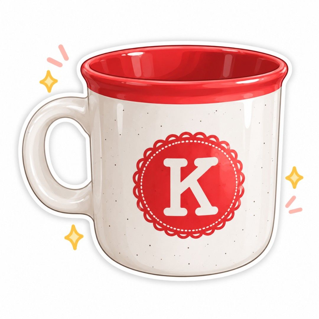 Mulberry Home Collection "K" Monogram Mug (Category: Coffee & Tea Tableware) located in Muntinlupa City. Submitted by shoptitak (Listing ID 1464382766, Image 1). Description: - White speckled mug with a vibrant red rim and interior. - Adorned with a red scalloped circle and a white 'K' initial. - Durable and convenient: Dishwasher and microwave safe. - Ideal for enjoying your daily coffee or tea..