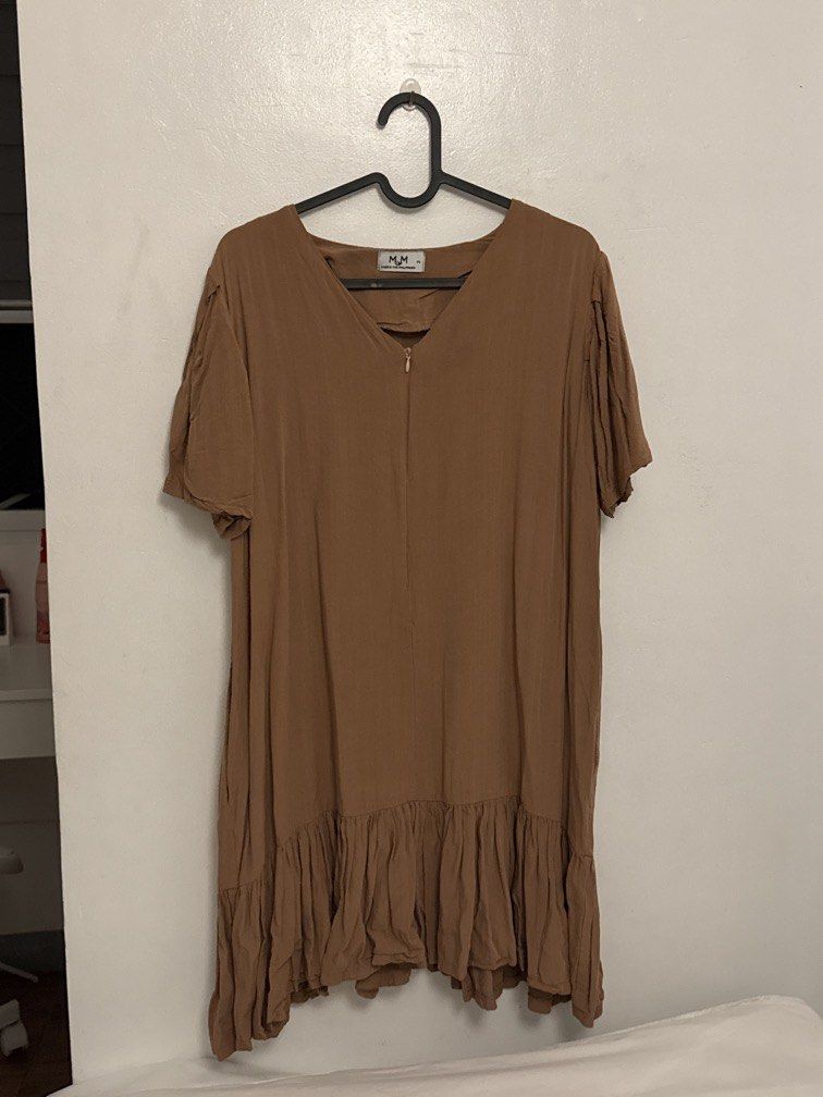 MUM Breastfeeding Dress (Category: Dresses) located in Pasig City. Submitted by jazgarcia8 (Listing ID 1467842449, Image 1). Description: - Brand: Mum - Color: Brown - Style: Short sleeve dress with V-neck and front zipper detail - Fit: Loose and relaxed - Design: Cute ruffled hem for added texture and movement - Fabric: Lightweight, perfect for warm weather and casual outings - Closure: Easy pullover style.