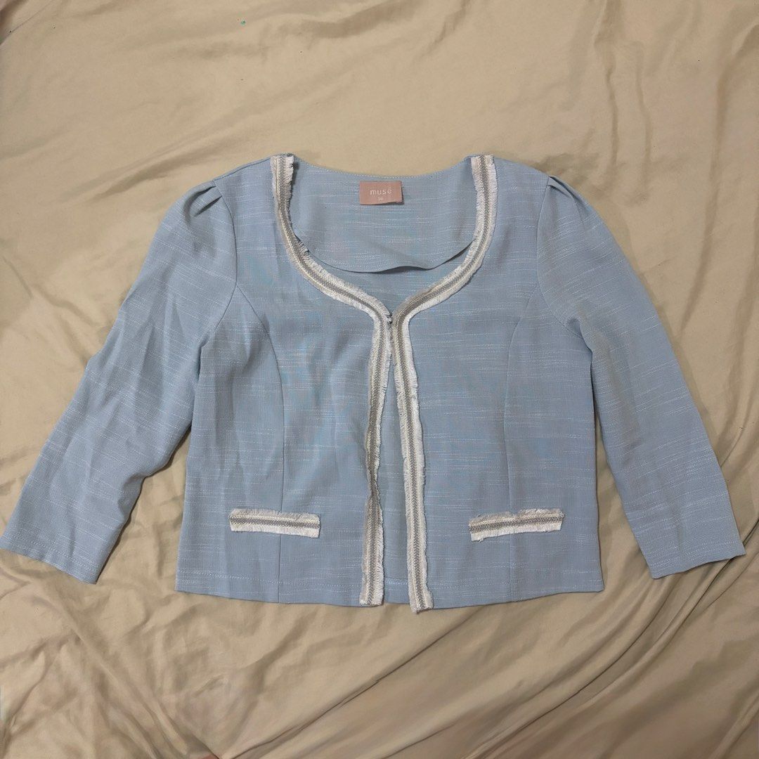 Musé Light Blue Cropped Tweed Jacket Size 36 (Category: Coats, Jackets and Outerwear) located in Mandaluyong City. Submitted by afterceej (Listing ID 1467979363, Image 1). Description: - Brand: Musé - Color: Light blue with white and silver fringe trim - Size: 36 - Style: Open front, cropped length, structured fit - Details: Puffed shoulders, 3/4 sleeves, two small faux pockets - Perfect for: Workwear, smart-casual days, or upgrading an everyday 