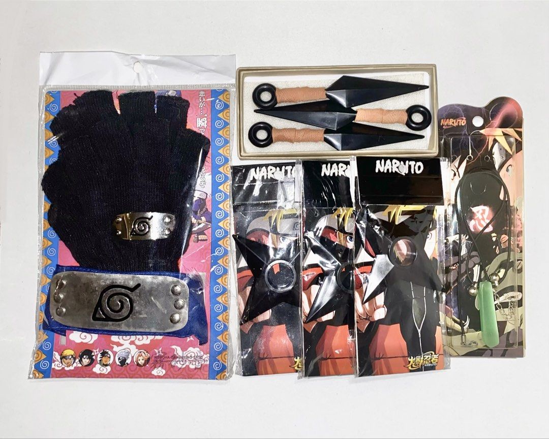 Naruto Ninja Merch Set (Category: Character Goods) located in Cainta. Submitted by papillon_309909 (Listing ID 1467998122, Image 1). Description: Headband, gloves, kunai, shuriken, necklace (7 pieces total) Lightly used but still in original packaging.