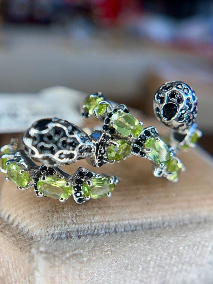 NATURAL PERIDOT & BLACK SPINEL DESIGNER-LOOK ADJUSTABLE RING (Category: Rings) located in Baguio. Submitted by asna_taku (Listing ID 1467903244, Image 1). Description: ✨ NATURAL PERIDOT & BLACK SPINEL DESIGNER-LOOK ADJUSTABLE RING ✨ Fresh, vibrant, and undeniably high-fashion. 💚🖤 Beautiful natural Peridot stones in luminous lime-green tones are paired with deep Black Spinel and an intricate openwork silver design — giving this ring a gorgeous d