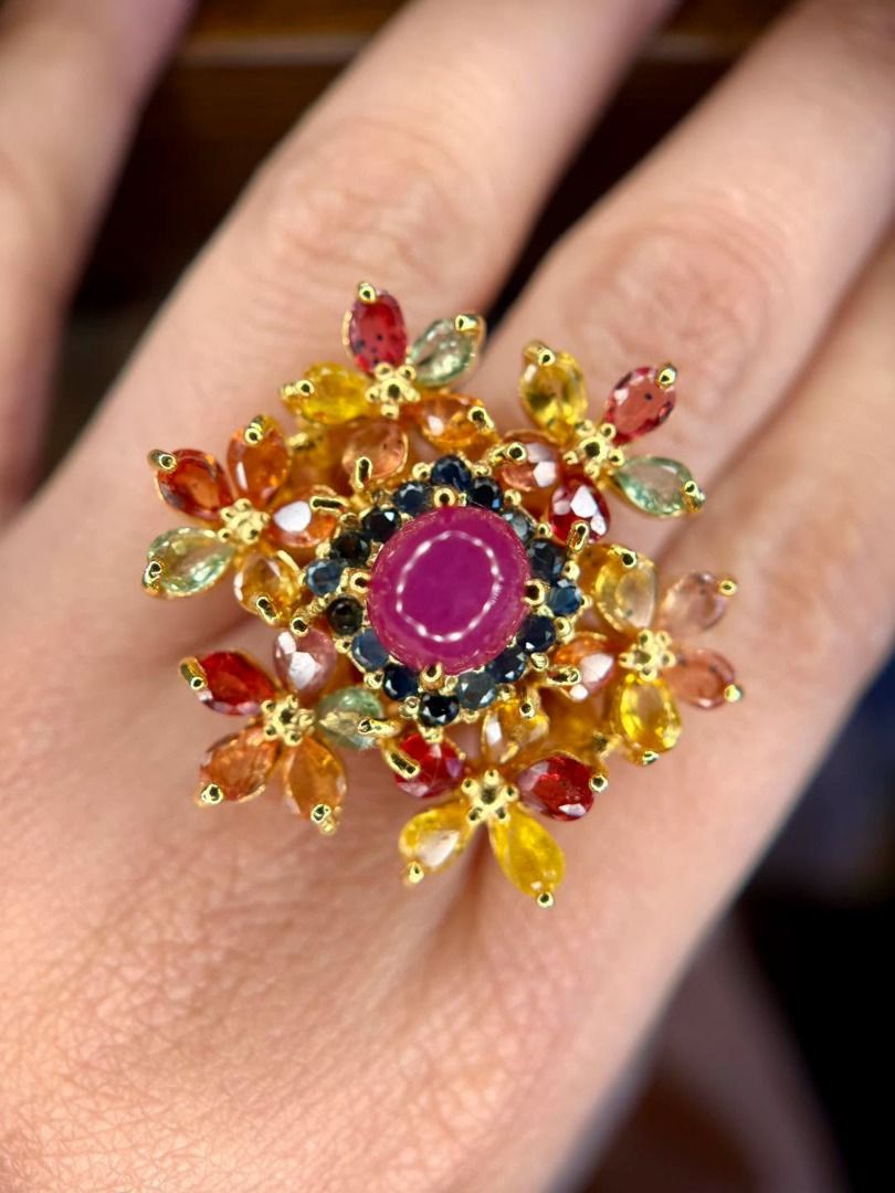 NATURAL STAR RUBY & MULTICOLOR SAPPHIRE (Category: Rings) located in Baguio. Submitted by asna_taku (Listing ID 1467892456, Image 2). Description: 🌸 NATURAL STAR RUBY & MULTICOLOR SAPPHIRE 🌸 Bnew • Silver Plated in Gold • Sizes 7 & 8 A little garden of gemstones on your finger. 🌺✨ At the center is a natural star ruby, surrounded by deep blue sapphires and a beautiful mix of multicolored sapphire petals—yellow, orange, red, pink and green tones