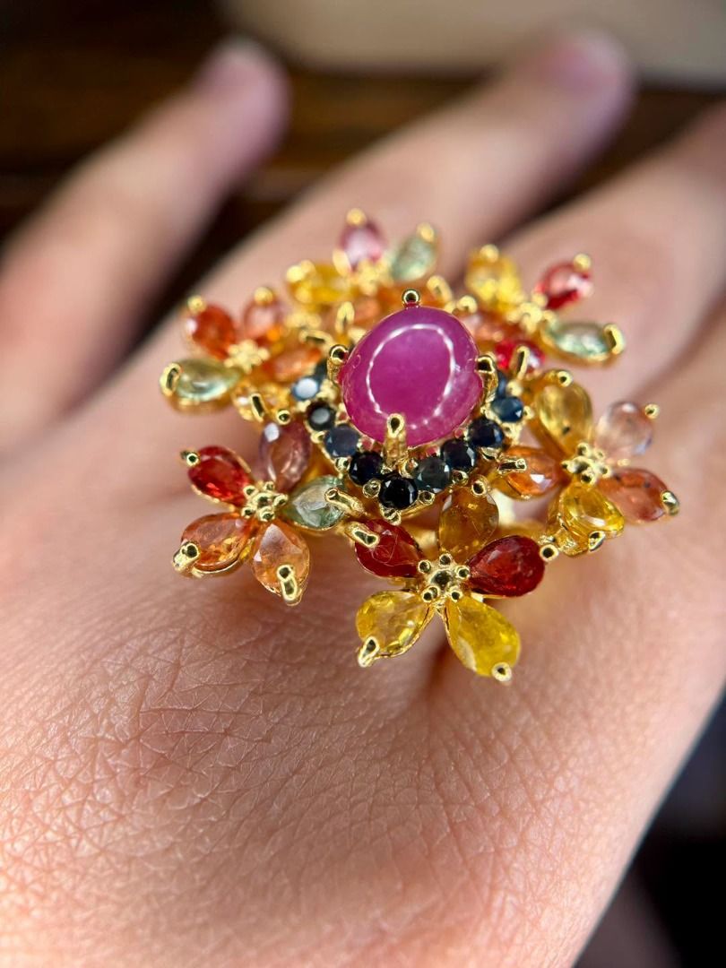 NATURAL STAR RUBY & MULTICOLOR SAPPHIRE (Category: Rings) located in Baguio. Submitted by asna_taku (Listing ID 1467892456, Image 3). Description: 🌸 NATURAL STAR RUBY & MULTICOLOR SAPPHIRE 🌸 Bnew • Silver Plated in Gold • Sizes 7 & 8 A little garden of gemstones on your finger. 🌺✨ At the center is a natural star ruby, surrounded by deep blue sapphires and a beautiful mix of multicolored sapphire petals—yellow, orange, red, pink and green tones