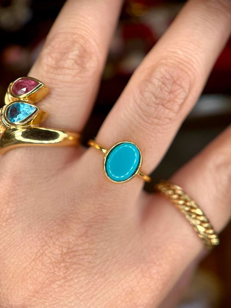 Natural Turquoise in Gold-Plated Silver (Category: Rings) located in Baguio. Submitted by asna_taku (Listing ID 1467927590, Image 3). Description: Natural Turquoise in Gold-Plated Silver ✨ Clean. Classic. Effortlessly elegant. 💎💙 Beautiful natural turquoise cabochon set in a sleek bezel setting—perfect for that understated, classy look. ✨ ✨ Bnew silver, plated in gold ✨ Natural turquoise ✨ Elegant clean bezel design ✨ Sizes 5, 6, 7 (2 pcs), 9 ✨
