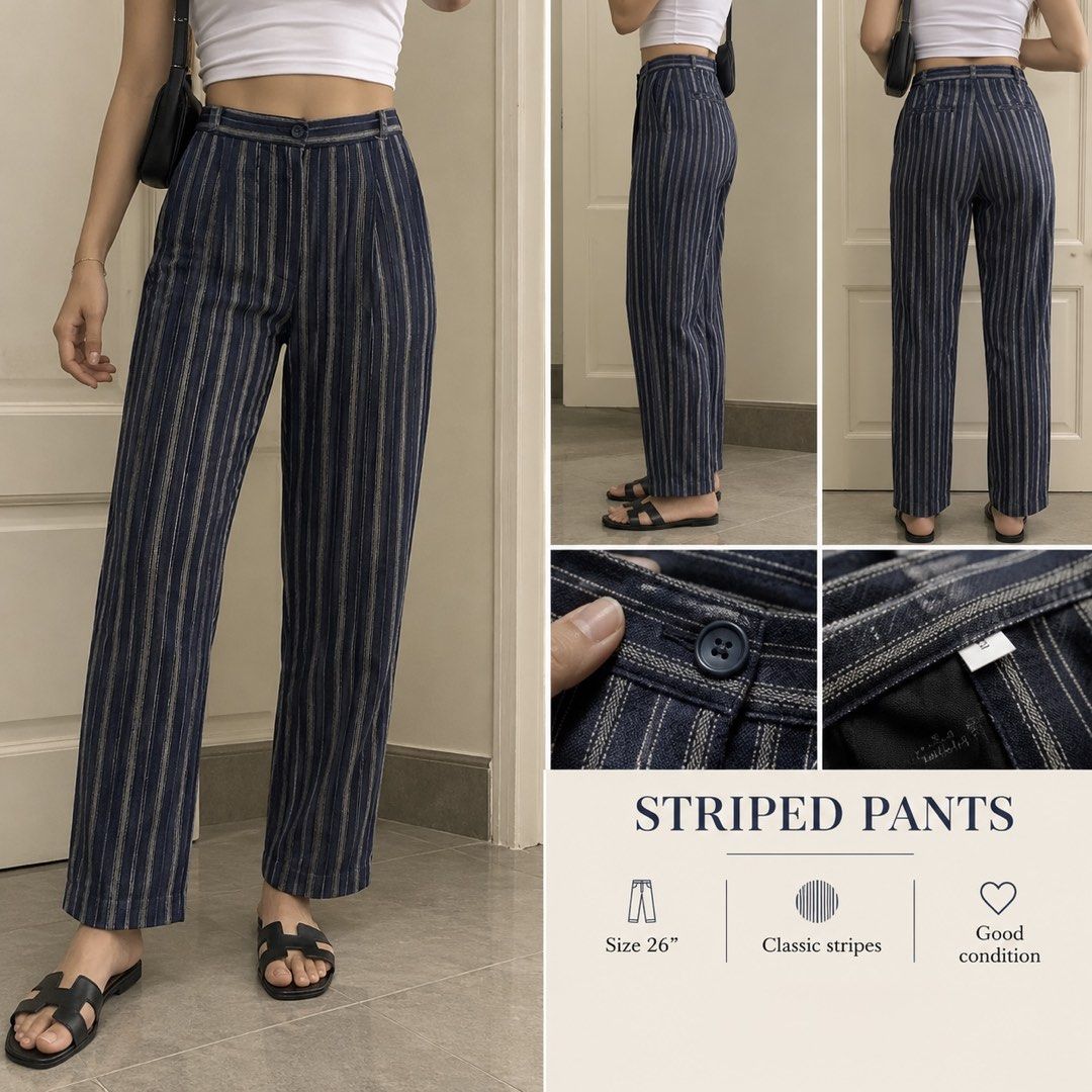 Navy Blue Striped Casual Pants (Category: Jeans) located in Davao. Submitted by 2ndbase.dvo.ii (Listing ID 1467965173, Image 1). Description: - Color/Pattern: Navy blue with classic vertical stripes - Fit: High waist, straight cut - Size: 26 waist - Features: Front button closure, belt loops, clean back pockets - Fabric: Lightweight and comfortable - Style: Versatile for daily wear or office outfits.