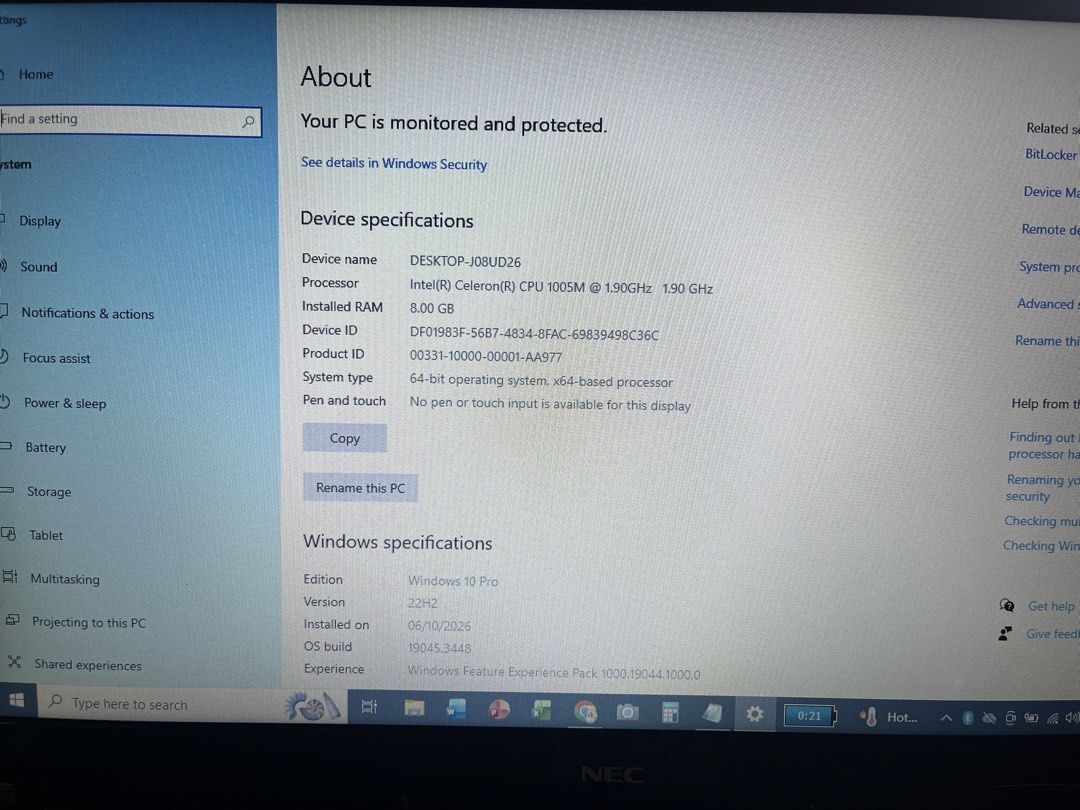 NEC Windows 10 Pro (Category: Laptops & Notebooks) located in Trece Martires City. Submitted by cas_05 (Listing ID 1467948749, Image 3). Description: - Brand/Model: Black NEC Laptop 15.6 inches - OS: Windows 10 Pro (boots up cleanly) - Processor: Intel Celeron 1005M @ 1.90GHz - Memory: 8GB Installed RAM 750gb HHD - Keyboard: Japanese layout with numeric keypad - Condition: Glossy black exterior lid with visible surface scratches, fully operationa