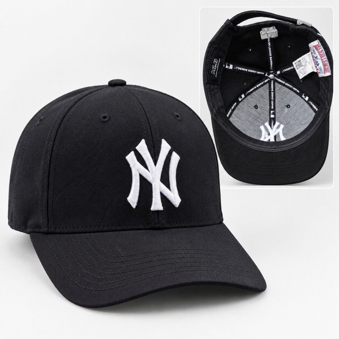 New York Yankees MLB Black Cap (Category: Caps & Hats) located in Caloocan City. Submitted by bobmarlou1923 (Listing ID 1467842783, Image 1). Description: - Color: Classic Black - Design: White embroidered New York Yankees NY logo on the front - Fit: Adjustable strap with metal clasp in the back - Brim: Classic curved brim - Details: Official Major League Baseball seam taping and brand tags attached - Condition: Brand new, clean, and ready to wea