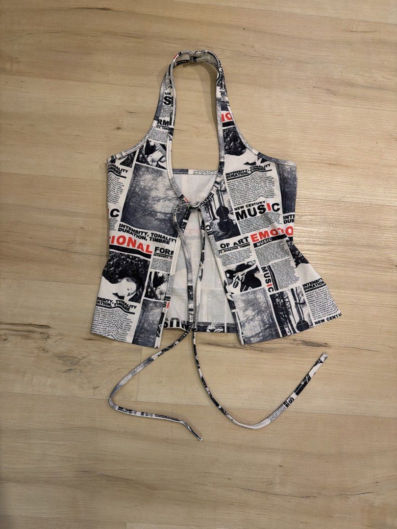 Newspaper Print Halter Top Tie Front (Category: Sleeveless) located in Manila. Submitted by _____car0usell (Listing ID 1467956938, Image 1). Description: .
