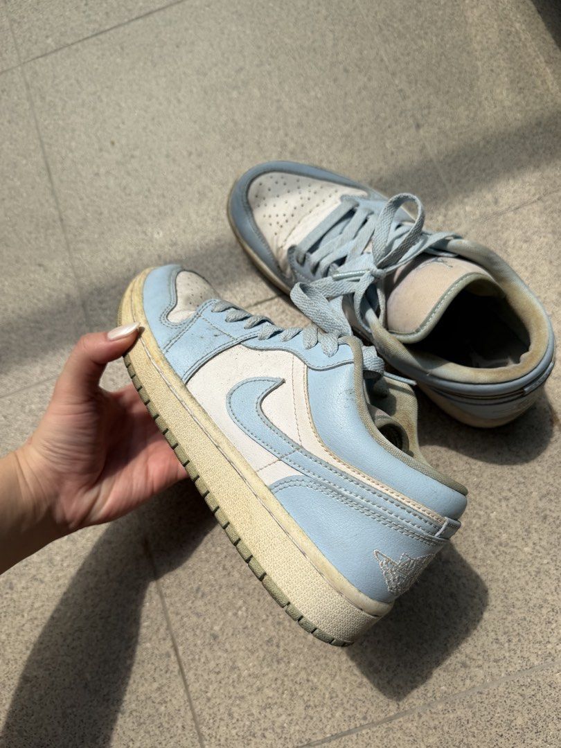 Nike Air Jordan 1 Low Ice Blue White (Category: Sneakers) located in Manila. Submitted by carla.declutters (Listing ID 1467877193, Image 1). Description: - Model: Air Jordan 1 Low - Size: US 8 | UK 5.5 | EUR 39 - Authentic - Issues: Needs cleaning, no box - RFS: decluttering.