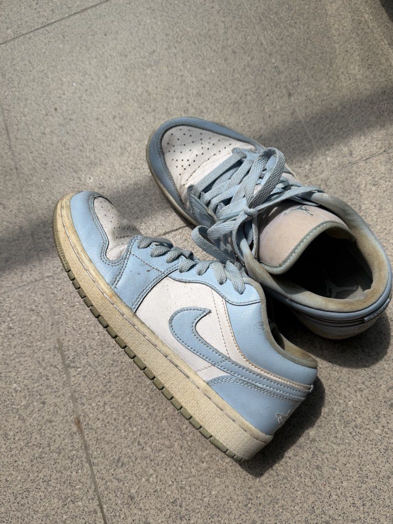 Nike Air Jordan 1 Low Ice Blue White (Category: Sneakers) located in Manila. Submitted by carla.declutters (Listing ID 1467877193, Image 2). Description: - Model: Air Jordan 1 Low - Size: US 8 | UK 5.5 | EUR 39 - Authentic - Issues: Needs cleaning, no box - RFS: decluttering.