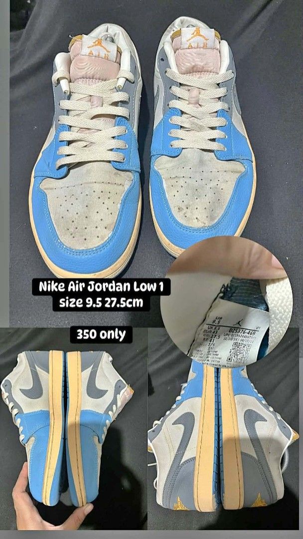 Nike Air Jordan Low 1 size 9.5 (Category: Sneakers) located in Manila. Submitted by kiyanna.preloved (Listing ID 1468007198, Image 1). Description: - Model: Nike Air Jordan 1 Low - Colorway: Blue, Grey, and White - Size: 9.5 US / 27.5 cm - Style Code: DZ5376-469 - Condition: Yellowed midsoles and noticeable dirt on toe boxes; laces are intact - Price: 350.