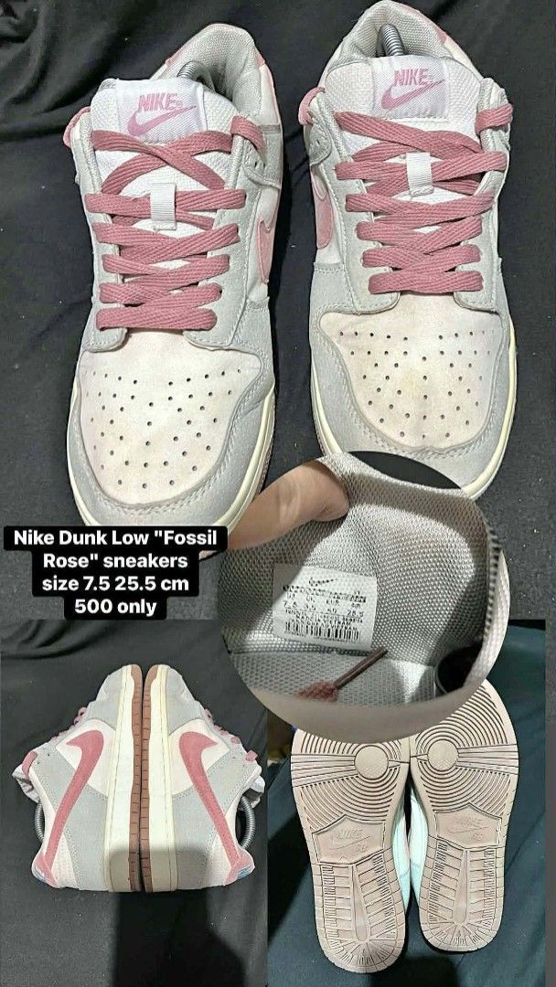 Nike Dunk Low Fossil Rose Size 7.5 (Category: Sneakers) located in Manila. Submitted by kiyanna.preloved (Listing ID 1468004716, Image 1). Description: - Model: Nike Dunk Low Fossil Rose - Size: US 7.5 / EUR 40 / 25.5 cm - Colorway: Grey suede upper with pink laces, swoosh, and rubber outsole - Condition: Used with visible wear on soles and toe boxes - Details: Clean interior with fully readable tags.