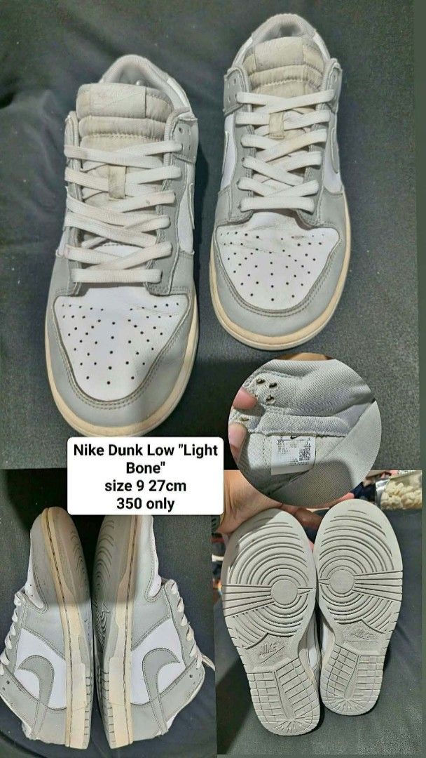 Nike Dunk Low Light Bone Size 9 27cm (Category: Sneakers) located in Manila. Submitted by kiyanna.preloved (Listing ID 1468008324, Image 1). Description: - Brand/Model: Nike Dunk Low - Colorway: Light Bone (Neutral Grey/White) - Size: US 9 / 27cm - Condition: Decent everyday pair with vintage yellowed midsoles - Details: Clean leather upper, perforated toe box, standard white laces - Outsole: Classic rubber with plenty of tread left - Status: Rea