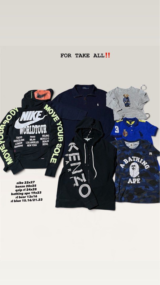 Nike Kenzo BAPE Polo Ralph Lauren Bundle (Category: Tshirts & Polo Shirts ) located in Andop. Submitted by outclickz_00 (Listing ID 1467992774, Image 1). Description: - Bundle of 6 authentic streetwear and designer pieces - Selling as a full set only (no individual sales) - Included items: * Nike Worldtour Hoodie (22x27) * Kenzo Zip Hoodie (20x25) * BAPE Camo Tee (19x23) * Ralph Lauren Quarter-Zip (24x28) * Polo Bear Grey Tee (13x16) * Blue Polo 