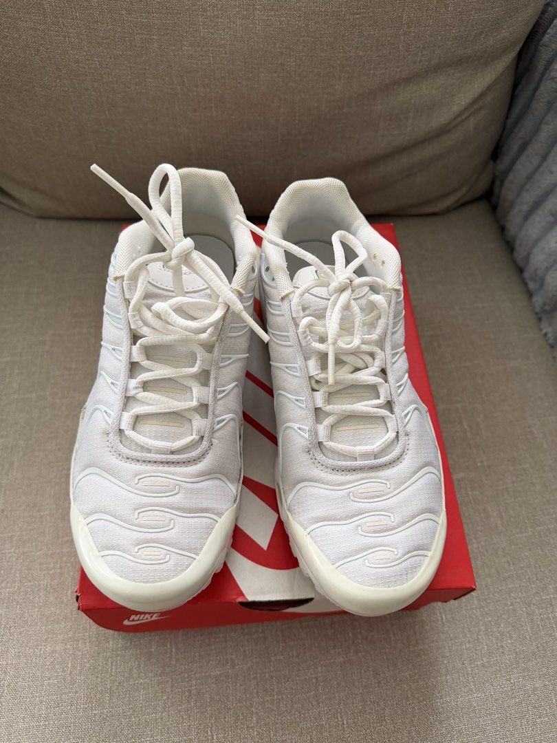 Nike Kids Air Max Plus 4Y (Category: Babies & Kids Fashion) located in Quezon City. Submitted by babybubots (Listing ID 1467925727, Image 3). Description: - Model: Nike Air Max Plus (Triple White with Metallic Silver Swoosh & classic TN branding) - Size: 4Y / UK 3.5 / EU 36 - Condition: Like New - Inclusions: Comes with original red Nike shoebox -Authentic MOP: Gcash, Maya, RCBC MOD MOD: Lalamove, Gogo Express Shipping from: Batasan Hills .