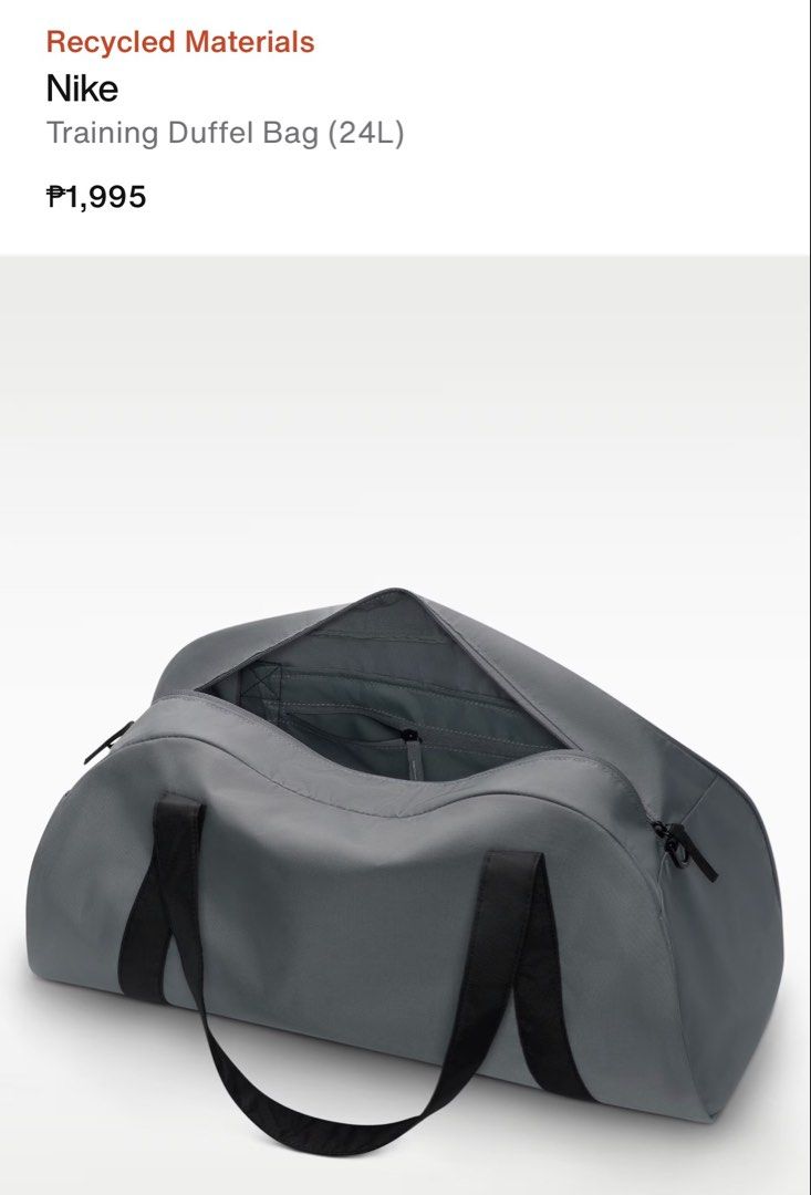 Nike Training Duffel Bag (24L) - Smoke Grey (Category: Cross-body Bags) located in Makati City. Submitted by blissfulmom09 (Listing ID 1467870834, Image 2). Description: FREE SHIPPING NATIONWIDE VIA J&T!Brand Original Price: 1995.00 Selling for only: 1350.00 New / Sealed with tag RFS: Business - gift shop 100% authentic purchased from Store **Money Back GUARANTEED** SDD - Lalamove / Grab LBC / JRS / J&T.