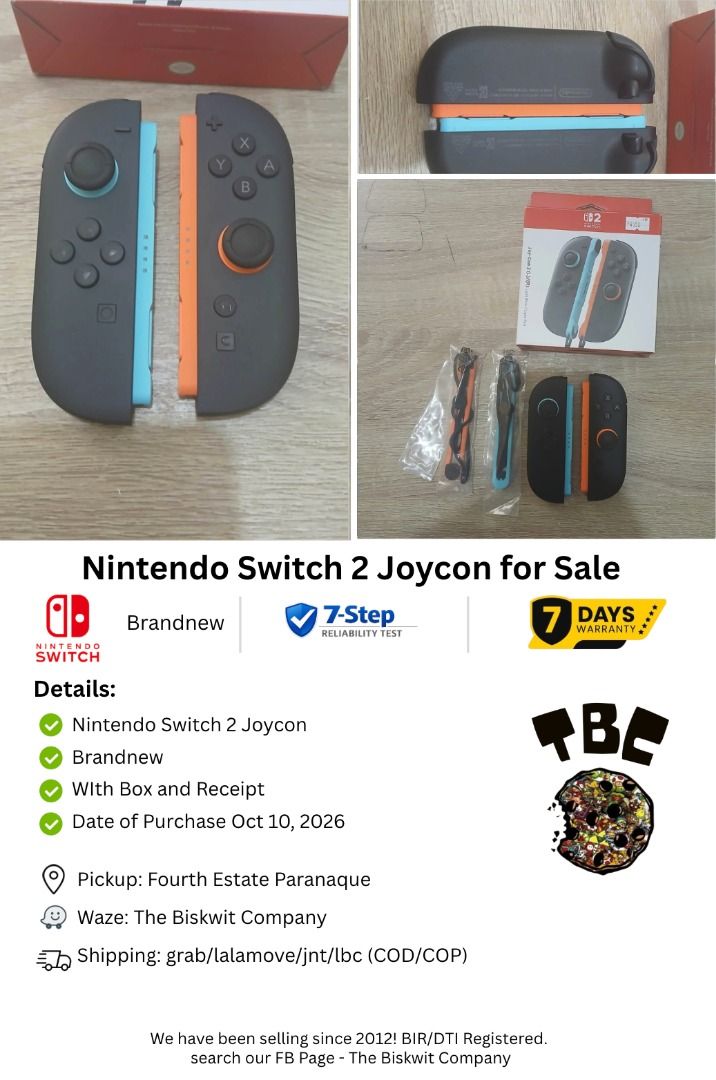 Nintendo Switch 2 Joycon Brandnew with Receipt (Category: Nintendo) located in Paranaque City. Submitted by thebiskwitcompany (Listing ID 1467909116, Image 1). Description: #001 Nintendo Switch 2 Joycon P3995 -Brandnew -Joycon, Strap, Box -With Receipt -DOP October 11, 2026 Shipping through Lalamove, Grab, JNT, LBC (COD/COP) Pickup @ 4th Estate Paranaque waze: The Biskwit Company Trusted seller for since 2014!! Legitimacy Green Flags?? -14+ years