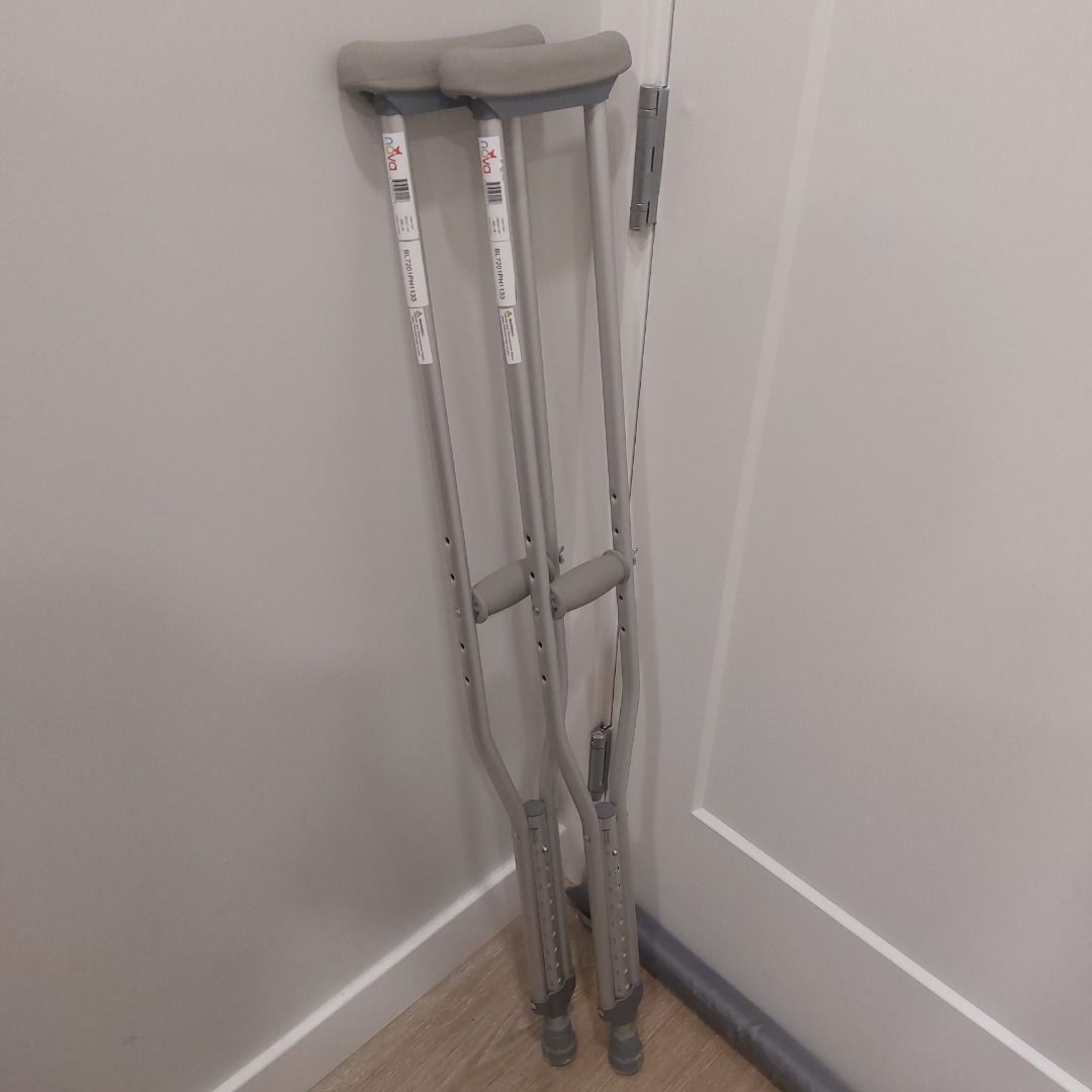Nova Adult Crutches Adjustable Height (Saklay) (Category: Medical Supplies & Tools) located in Cavite. Submitted by msgs_2827 (Listing ID 1467894663, Image 1). Description: - Brand: Nova - Material: Lightweight aluminum - Condition: Clean, with original stickers still attached - Height: Fully adjustable with easy push-button settings - Comfort: Includes grey underarm pads and hand grips - Safety: Fitted with rubber tips for better traction - Capa