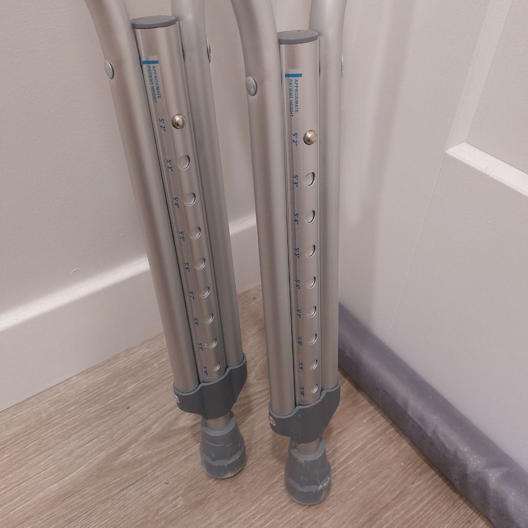 Nova Adult Crutches Adjustable Height (Saklay) (Category: Medical Supplies & Tools) located in Cavite. Submitted by msgs_2827 (Listing ID 1467894663, Image 3). Description: - Brand: Nova - Material: Lightweight aluminum - Condition: Clean, with original stickers still attached - Height: Fully adjustable with easy push-button settings - Comfort: Includes grey underarm pads and hand grips - Safety: Fitted with rubber tips for better traction - Capa