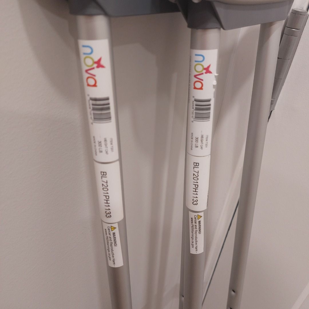 Nova Adult Crutches Adjustable Height (Saklay) (Category: Medical Supplies & Tools) located in Cavite. Submitted by msgs_2827 (Listing ID 1467894663, Image 2). Description: - Brand: Nova - Material: Lightweight aluminum - Condition: Clean, with original stickers still attached - Height: Fully adjustable with easy push-button settings - Comfort: Includes grey underarm pads and hand grips - Safety: Fitted with rubber tips for better traction - Capa