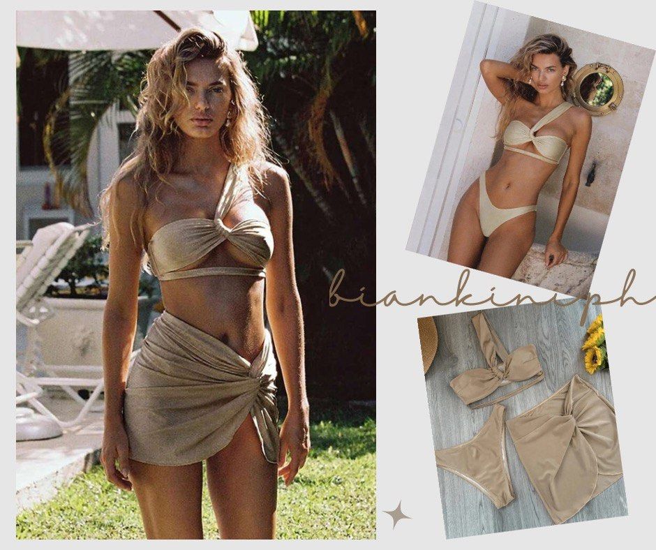 Nude Three Piece Bikini Set with Skirt (Category: Bikinis & Swimsuits) located in Las Pinas. Submitted by kathybianca (Listing ID 1467885043, Image 1). Description: - Stunning gold sparkly 3-piece bikini set - Includes one-shoulder twist top, matching bottoms, and a wrap sarong skirt - Shimmery fabric that catches the light beautifully - Perfect outfit for the beach, pool parties, or vacations - Fits true to standard sizing.