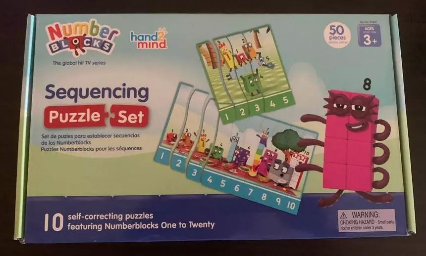 Numberblocks Sequencing Puzzle Set hand2mind 50 pieces (Category: Educational & Learning Toys) located in Santa Rosa. Submitted by aos-ph (Listing ID 1468024575, Image 1). Description: - Brand: hand2mind (Official Numberblocks) - Condition: Original box packaging intact - Age Range: 3 years old and up - Features: 10 self-correcting puzzles, 50 pieces total - Learning Focus: Numbers 1 to 20 - Perfect fun and educational activity for young kids.