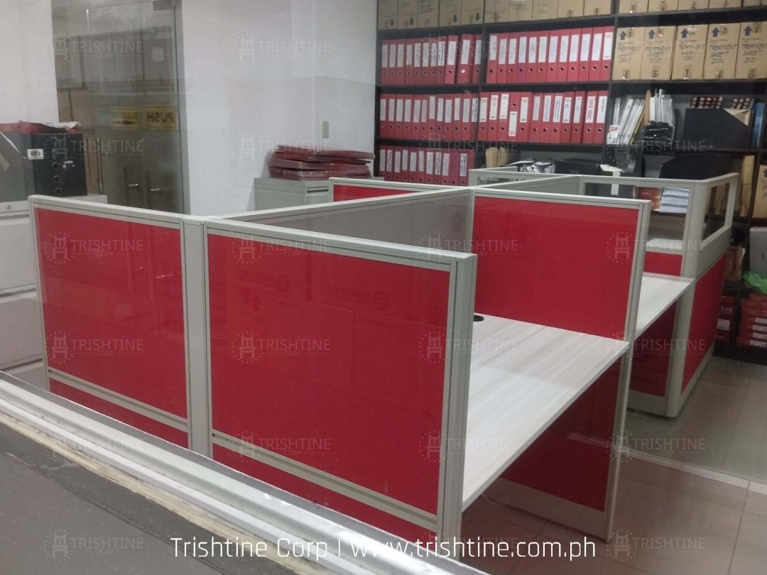 Office Workstation Cubicle Partitions with Desk (Category: Office Furniture & Fixtures) located in Caloocan City. Submitted by jim.trishtineofficefurnitures (Listing ID 1467888789, Image 1). Description: - Complete modular office workstation setup - Light wood grain laminate desktop surfaces - Sturdy aluminium framing for maximum durability - Stylish divider panels with bright red fabric bases and frosted glass tops - Perfect for creating organiz
