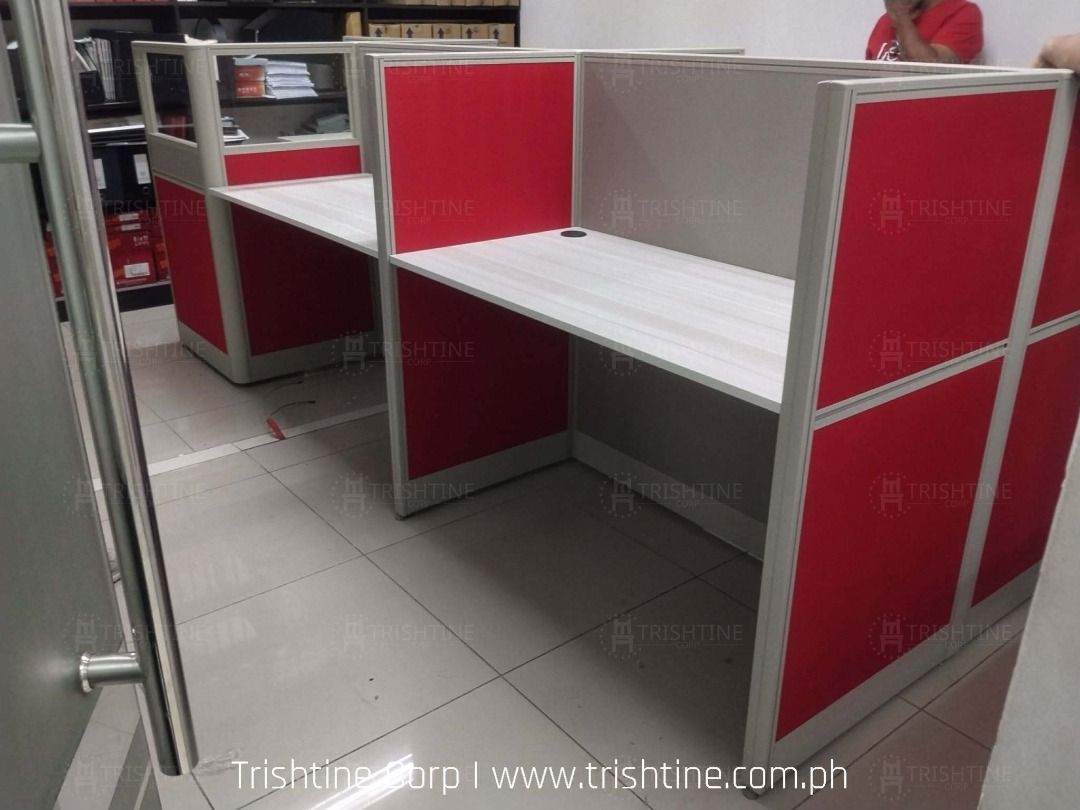 Office Workstation Cubicle Partitions with Desk (Category: Office Furniture & Fixtures) located in Caloocan City. Submitted by jim.trishtineofficefurnitures (Listing ID 1467888789, Image 3). Description: - Complete modular office workstation setup - Light wood grain laminate desktop surfaces - Sturdy aluminium framing for maximum durability - Stylish divider panels with bright red fabric bases and frosted glass tops - Perfect for creating organiz