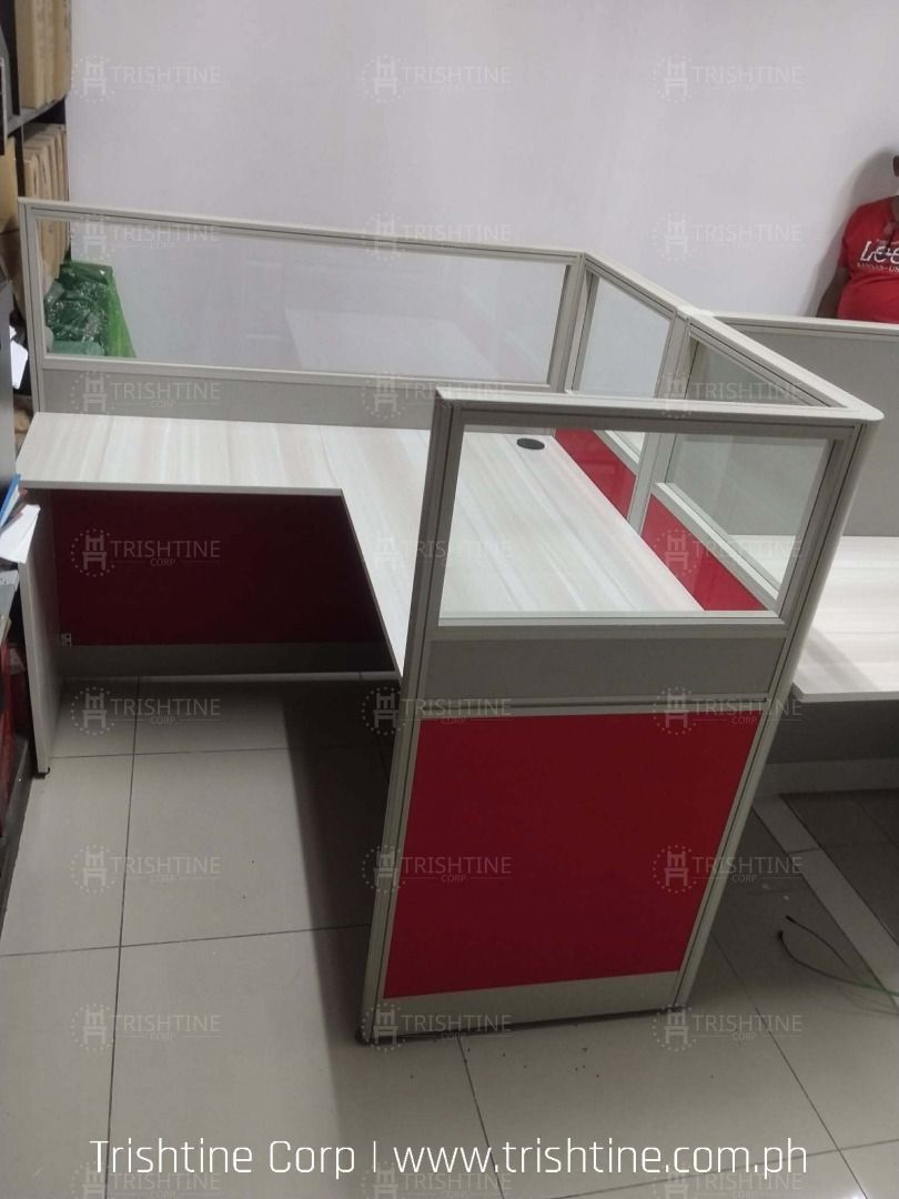 Office Workstation Cubicle Partitions with Desk (Category: Office Furniture & Fixtures) located in Caloocan City. Submitted by jim.trishtineofficefurnitures (Listing ID 1467888789, Image 2). Description: - Complete modular office workstation setup - Light wood grain laminate desktop surfaces - Sturdy aluminium framing for maximum durability - Stylish divider panels with bright red fabric bases and frosted glass tops - Perfect for creating organiz