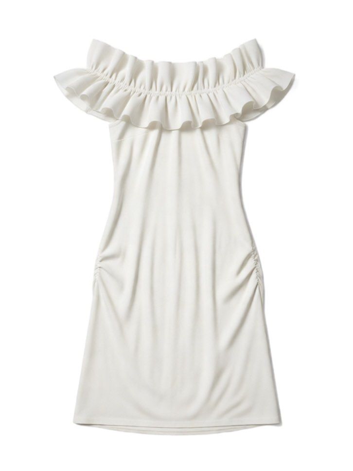Off-shoulder Ruffle Cream Dress (Category: Dresses) located in General Mariano Alvarez. Submitted by kascade (Listing ID 1468051420, Image 1). Description: - Color: Cream-white off-shoulder - Size: S (tag attached) - Fit: Bodycon with flattering side ruching - Details: Layered sheer ruffles at the neckline, side zip closure - Material: Soft and stretchy fabric - Condition: Excellent, worn only a couple of times - Ideal for: Parties, dates, and di
