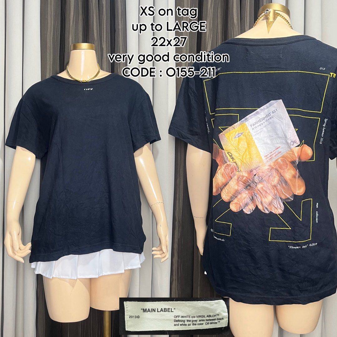 Off-White Fahrenheit 451 Black Tee (Category: Tshirts & Polo Shirts ) located in Naga. Submitted by rmapprl (Listing ID 1467944628, Image 1). Description: - Off-White black t-shirt designed by Virgil Abloh - Features iconic Fahrenheit 451 graphic and signature yellow diagonal arrows on the back - Subtle OFF logo text on the front collar - Tagged size XS, but fits oversized up to a Large (22 x 27 inches) - Premium 100% cotton construction, Made in