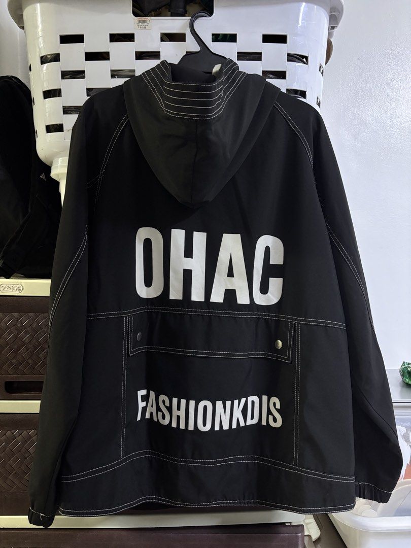 OHAC Black Hooded Jacket with White Contrast Stitching (Category: Coats, Jackets and Outerwear) located in Manila. Submitted by monami_86 (Listing ID 1468010275, Image 2). Description: Brand & Line: Unbranded / Streetwear Product Name: Black Contrast Stitch Hooded Utility Windbreaker Jacket Design: Black hooded zip-up jacket featuring bold white contrast stitching, front zipper pockets with O-ring pulls, lower patch pockets, and white back typogr
