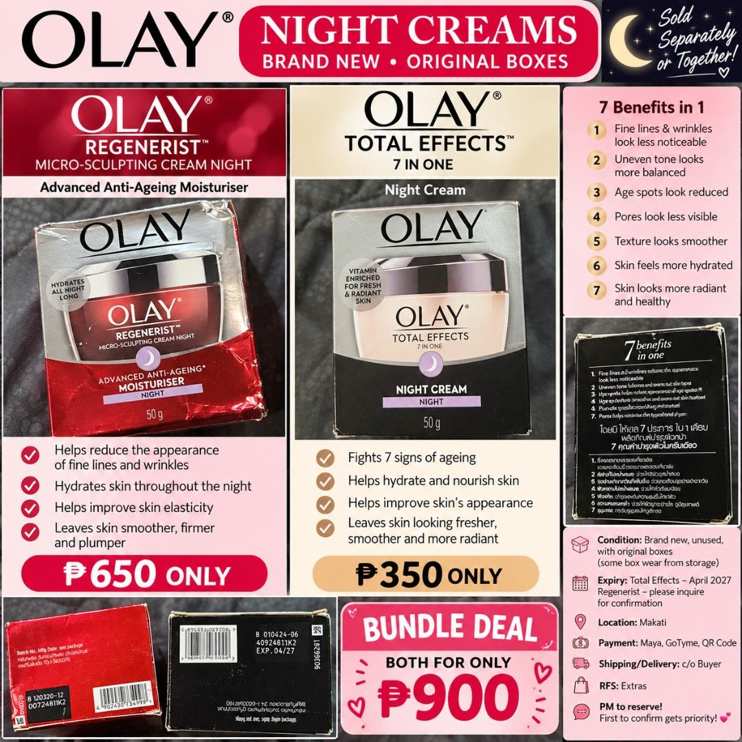 Olay Night Cream (Category: Face Care) located in Manila. Submitted by smartluxeph (Listing ID 1467928186, Image 1). Description: 🌙✨ OLAY NIGHT CREAM SALE! ✨🌙 💖 BRAND NEW | 50g EACH | ORIGINAL BOXES Two Olay nighttime skincare favorites! Buy separately or take BOTH at a special bundle price! 💕 ❤️ 1. OLAY REGENERIST MICRO-SCULPTING CREAM NIGHT 💰 ₱650 ONLY! ✨ Advanced anti-ageing night moisturiser ✨ Helps hydrate skin throughout the night ✨ He
