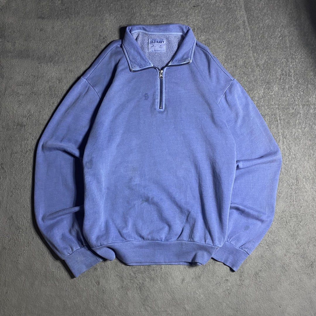 Old Navy Blue Quarter Zip Sweatshirt (Category: Coats, Jackets and Outerwear) located in Manila. Submitted by thrifturfit_star (Listing ID 1467846711, Image 1). Description: - Brand: Old Navy - Color: Blue with a vintage faded wash - Size: Medium - Fit: Relaxed fit with ribbed cuffs and hem - Material: Soft fleece interior lining - Design: High collar with quarter-zip hardware down the chest.