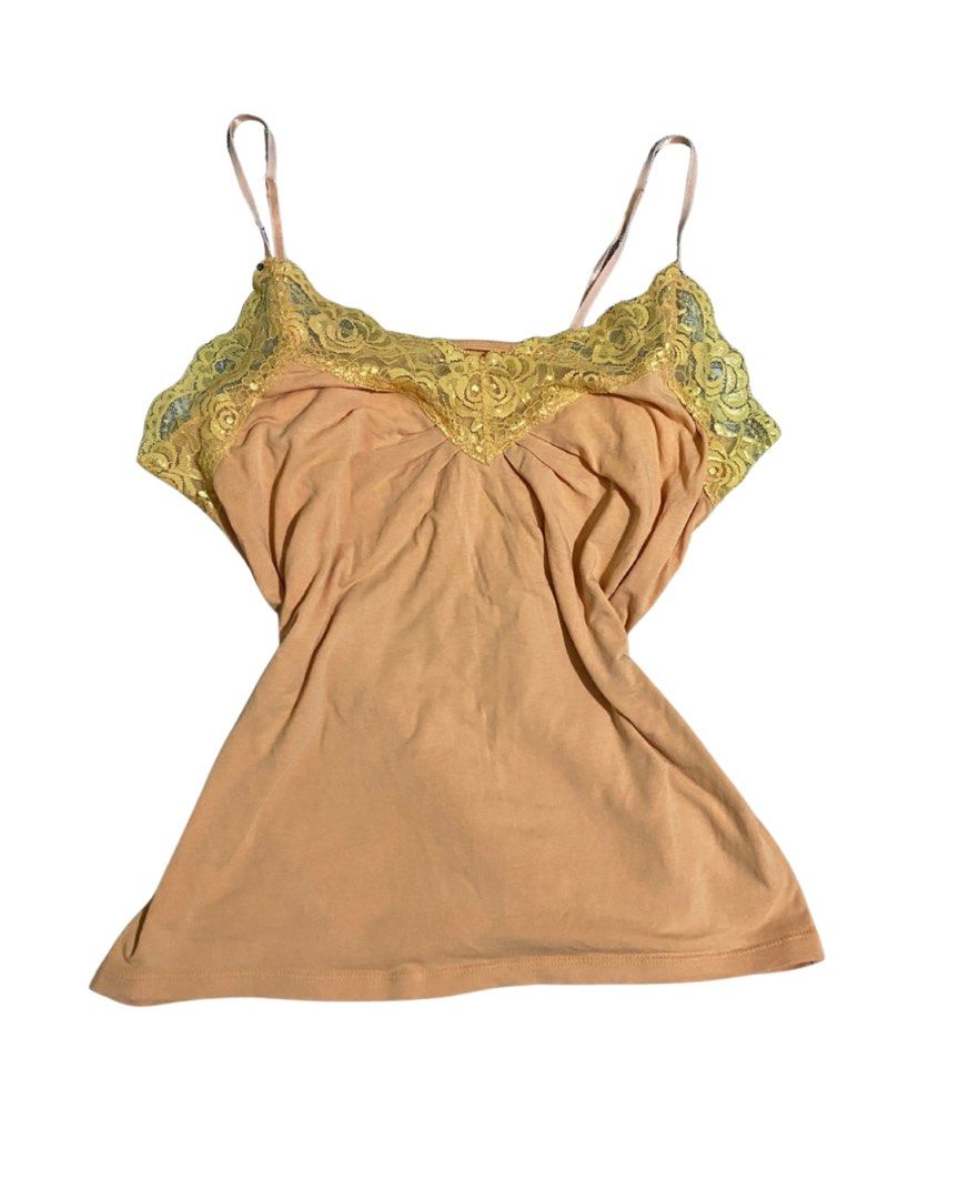orange cami with lace trim y2k (Category: Sleeveless) located in Manila. Submitted by rainy.finds (Listing ID 1467938581, Image 1). Description: can fit s-l (m on tag) flaws: none w15 l17 m: 299 s: 349 g: 399 bid: +10 increment from grab price lock: 499 (au) eob is on oct. 15 (5pm).