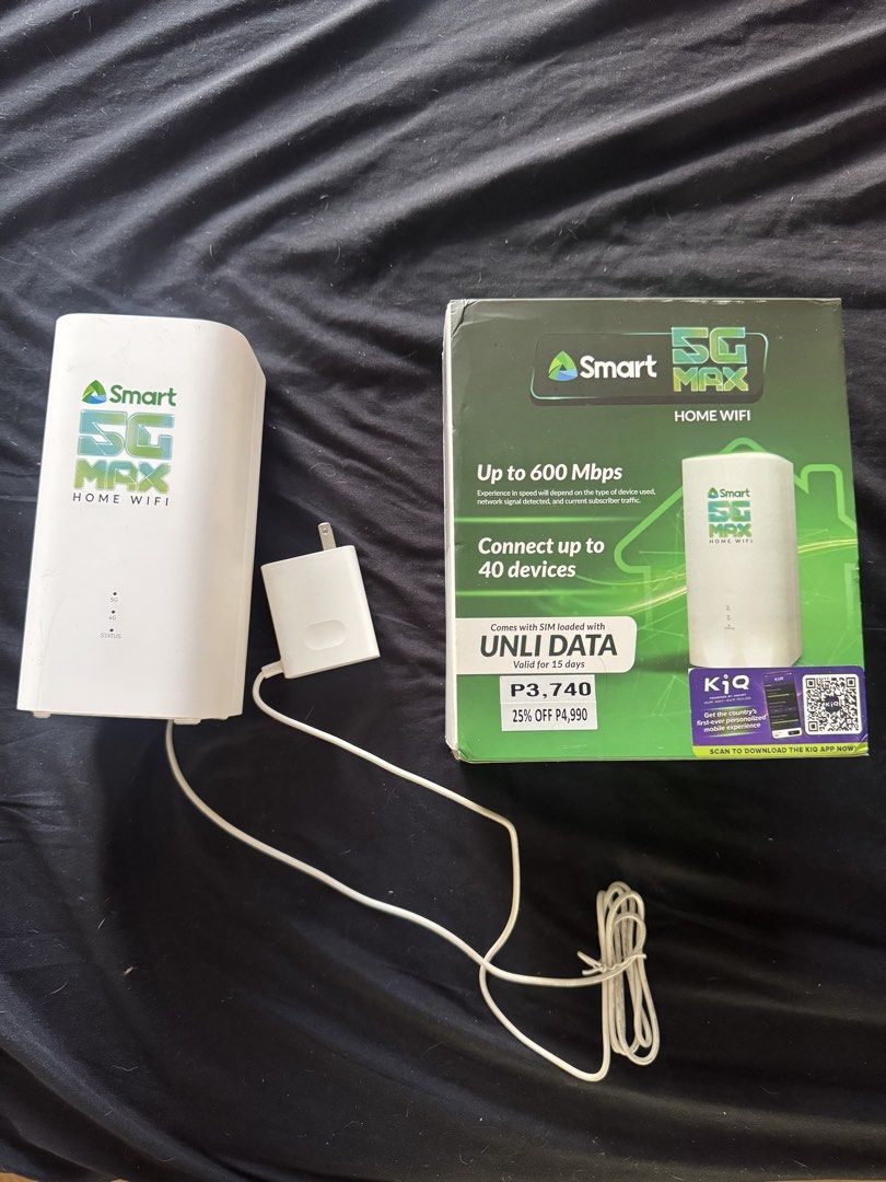 Original Smart 5G Max Home WiFi (Category: Networking) located in Taguig. Submitted by preloved_sars (Listing ID 1467846124, Image 1). Description: - Smart 5G Max Home WiFi unit in clean white finish - Blazing speeds up to 600 Mbps - Connect up to 40 devices at the same time - No installation required, just plug and play - Prepaid setup with zero fixed monthly fees - Includes original box and power adapter - RFS: Upgrading - with FREE SIM -Suppor