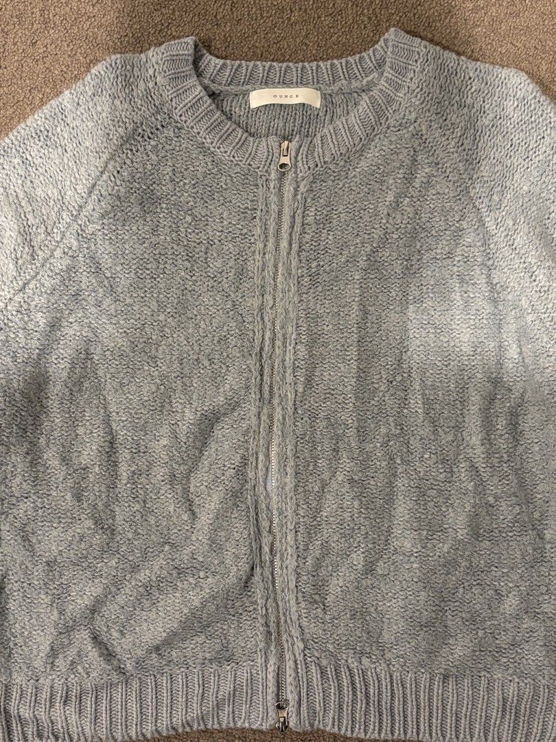Ounce Grey Zip-up Knit Cardigan (Category: Coats, Jackets and Outerwear) located in Caloocan City. Submitted by foundagain (Listing ID 1467904872, Image 3). Description: Ounce (Made in Korea) used twice one-size (very stretch, can fit xl) rfs: decluttering payment first before shipping (gcash) *currently out of country, but i can get it shipped on 4th week nov .