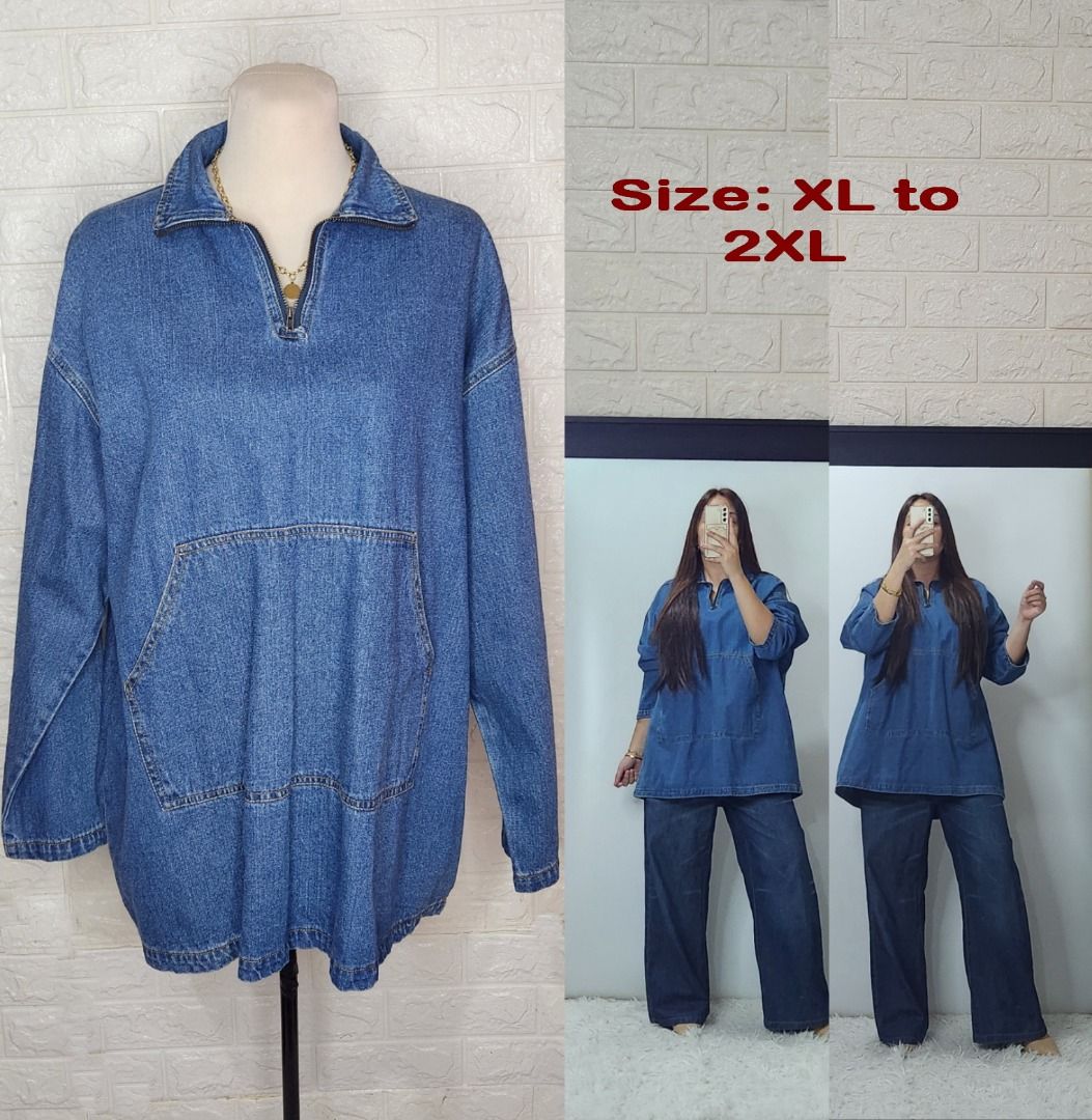 Oversized Denim Quarter-Zip Pullover Hoodie (Category: Coats, Jackets and Outerwear) located in Quezon City. Submitted by graciejosue (Listing ID 1467981758, Image 1). Description: Rare piece apparel at a very reasonable price and great condition!!! Washed and ready to wear. - Style: Loose-fitting blue denim pullover - Neckline: Quarter-zip with collar and long sleeves - Pocket: Big front kangaroo pocket - Fit: Oversized, fits XL up to 2XL - Vibe