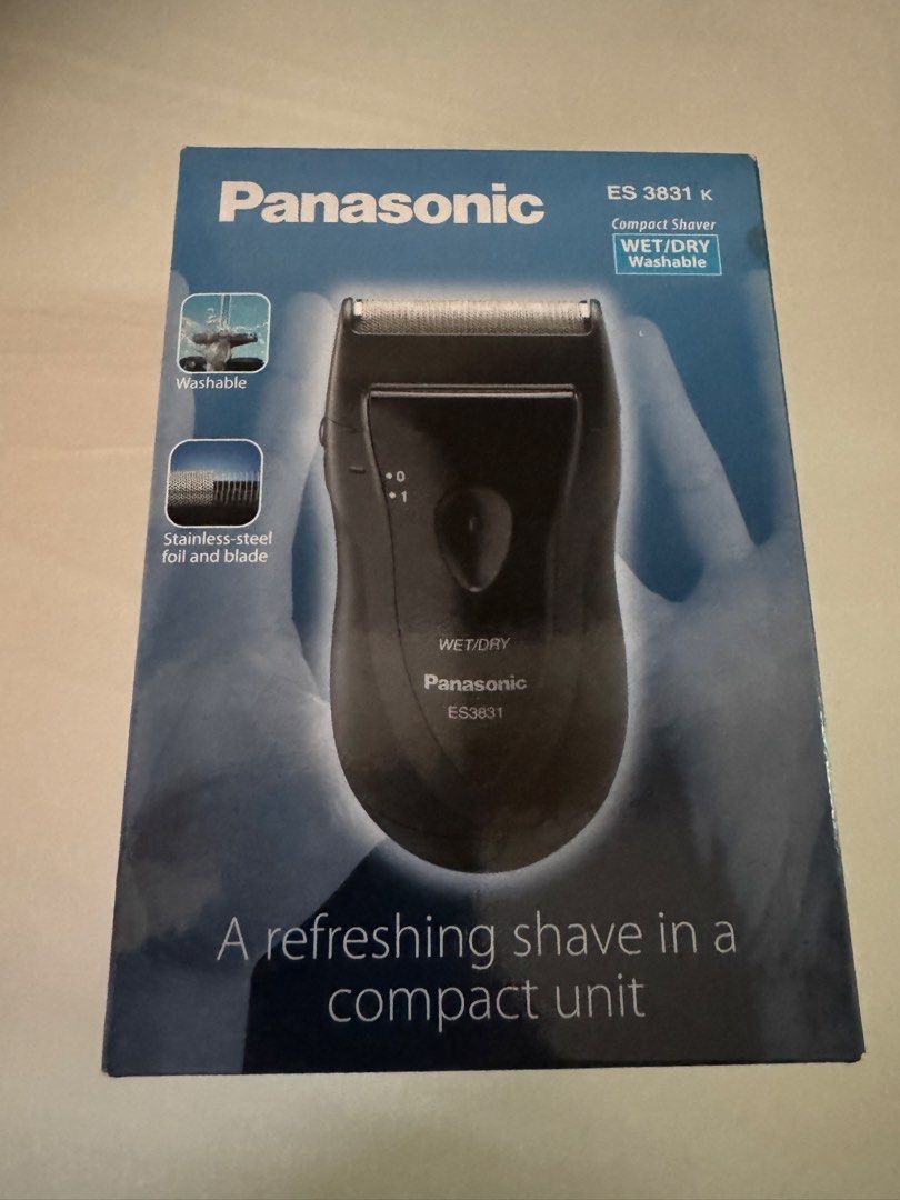 Panasonic ES3831K Compact Wet/Dry Shaver (Category: Men's Grooming) located in Manila. Submitted by xenasales (Listing ID 1467865780, Image 1). Description: - Model: Panasonic ES3831K Wet and Dry Shaver - Power: Runs on 2 AA batteries for easy portability - Blades: Stainless steel foil and blade for a clean shave - Design: Ergonomic handle with a floating head that follows facial contours - Maintenance: Fully washable under water - Inclusions: Co