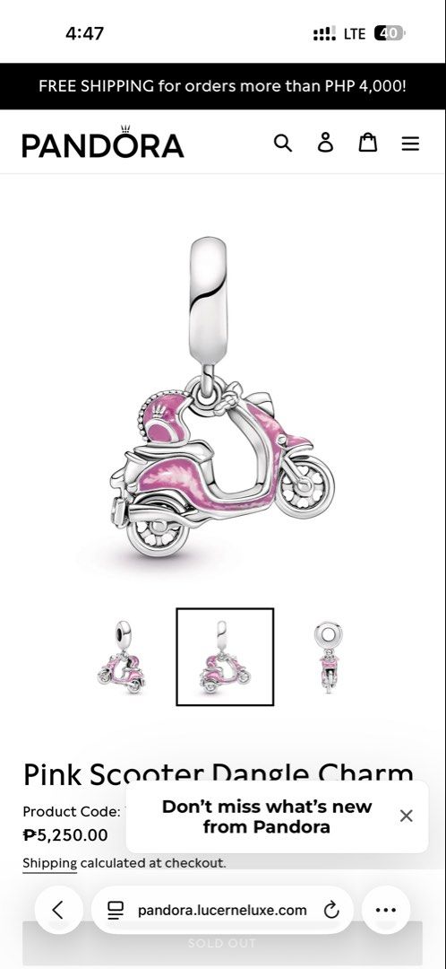 Pandora Charms (Price indicated on the caption) (Category: Charms) located in Manila. Submitted by thekcollection (Listing ID 1468014861, Image 1). Description: AUTHENTIC PRELOVED PANDORA! 🛍️🛒 PTPA PO Pink retired murano charm - with signs of usage - 1250 Light blue -like new- 1450 Evil eye pink retired murano - minor signs of use - 1450 Fish charm - like new - 1900 Scooter - like new - 2500 No inclusions! All preloved. 100% money back if prove
