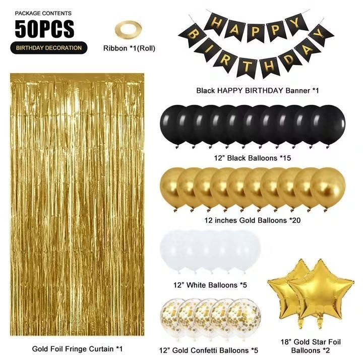 Party Needs Set | Birthday Bundle (Category: Other Home Decor) located in Cavite. Submitted by eshla_1986. (Listing ID 1467915756, Image 2). Description: 🎈 Party Decor Bundle Set Ano ang laman: ❤️1 pc Happy Birthday Banner ❤️40 pcs rubber latex balloons #10 ❤️2pcs star foil balloons 18 ❤️1pc Balloon roll string 5m long ❤️1pc 2m long foil curtains fringe ❤️5pcs confetti balloon #12 ✔️ Madaling buuin, hindi kailangan ng espesyal na kagamitan ✔️ Ma