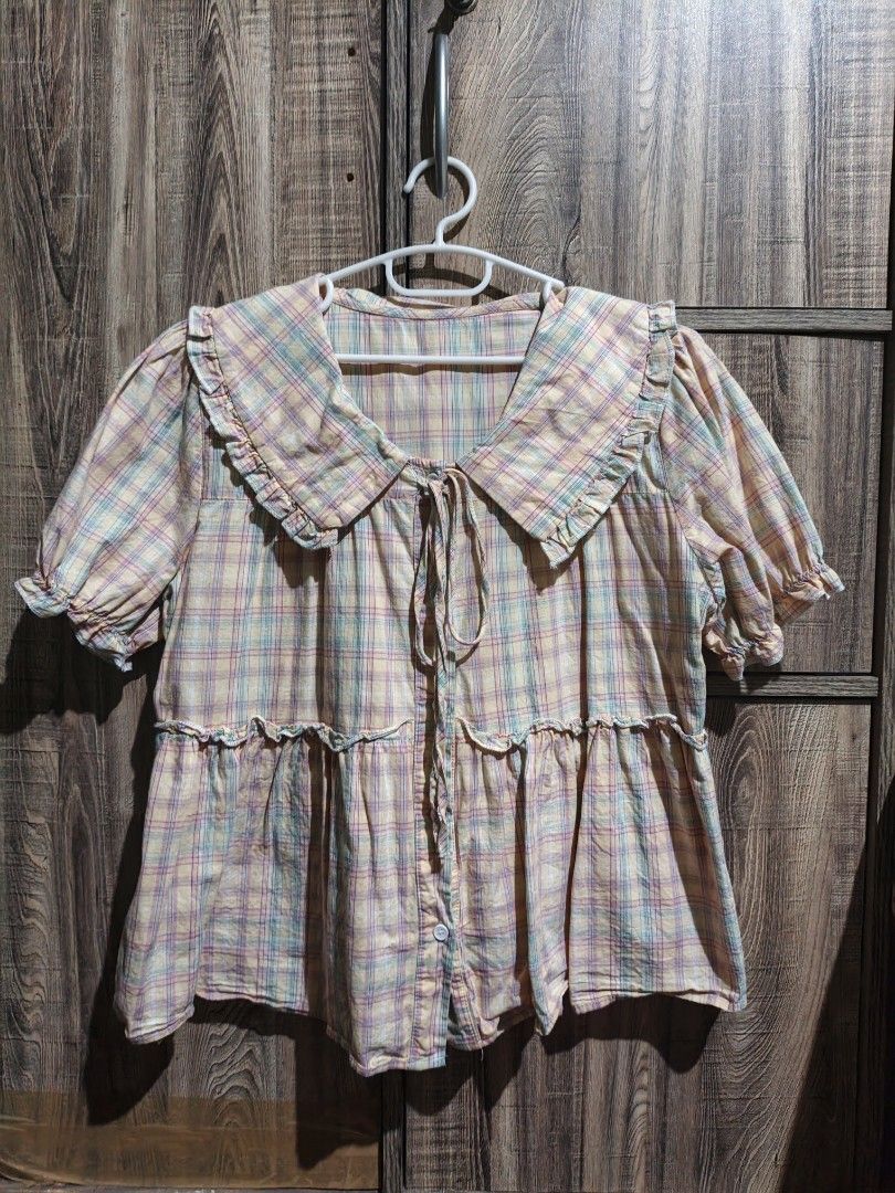 Pastel Plaid Ruffle Collar Blouse (Category: Blouses) located in Manila. Submitted by vivi.goodies (Listing ID 1468028768, Image 1). Description: .