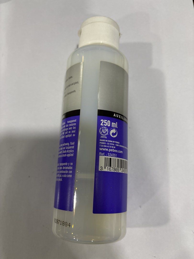 Pébéo Studio Acrylics Pouring Medium 250ml (Category: Craft Supplies & Tools) located in Mandaluyong City. Submitted by clothescarousel (Listing ID 1468024518, Image 2). Description: - Brand: Pébéo Studio Acrylics - Item: Pouring Medium - Volume: 250ml (Unopened bottle) - Reference Number: 524551 - Features: Fluid, transparent, and non-yellowing formula - Origin: Made in China - Ideal for: Acrylic pouring art techniques.