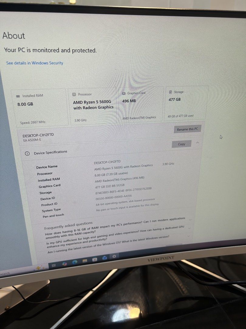 PC set lightly used PLS Check specs (Category: Desktops) located in Manila. Submitted by jillobeats (Listing ID 1467882962, Image 3). Description: - Processor: AMD Ryzen 5 5600G - Memory: 8GB RAM - Storage: 512GB SSD - Display & Peripherals: Viewpoint monitor, white keyboard, and mouse included - Case & Power Supply: Keytech casing with Inplay GS650 PSU - Condition: Fully working, smooth performance for daily tasks and basic gaming - Extras: Stor