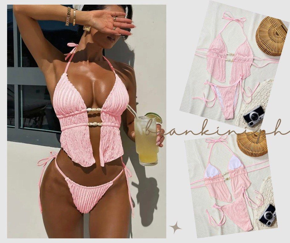 Pink Halter Bikini Set with Rings (Category: Bikinis & Swimsuits) located in Las Pinas. Submitted by kathybianca (Listing ID 1467884811, Image 1). Description: - Brand new with tags (never worn) - Color: Pink with textured crinkle material - Halter neck top with chic front ring connectors and draped fabric - Includes removable padding in the cups - Matching adjustable side-tie bottoms - Super trendy and comfy for swimming or beach photos!.