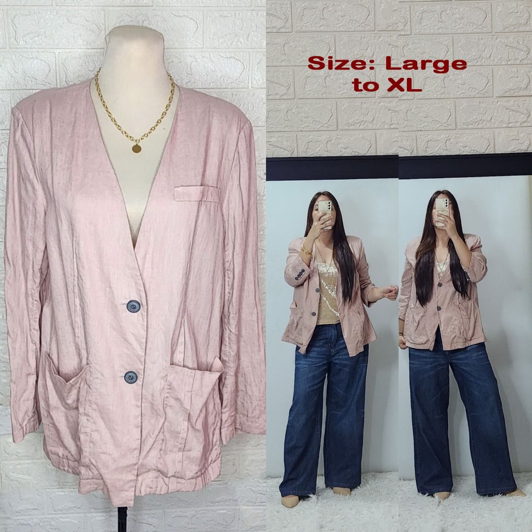 Pink Linen Light weight Blazer (Category: Coats, Jackets and Outerwear) located in Quezon City. Submitted by graciejosue (Listing ID 1468058224, Image 1). Description: Rare piece apparel at a very reasonable price and great condition!!! Washed and ready to wear. - Color: Pink - Material: Linen (Best fits Large to XL) - Features: Button-up front, two front pockets - Style: Versatile piece, easy to pair with jeans or skirt and casual wear Condition