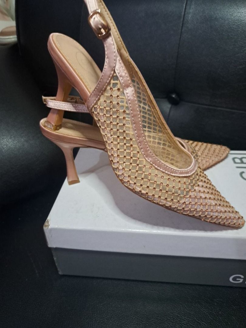 Pink rhinestone mesh slingback kitten heels (Category: Heels) located in Caloocan City. Submitted by marla_g122 (Listing ID 1467890867, Image 2). Description: 👠 FOR SALE: Gibi Heels ✨ Original Price: ₱1,400 ✨ Selling Price: ₱900 ✨ Bought: April 2026 ✨ Condition: Like new ✨ Used only once ✨ With original box ✨️ Size: 37 RFS: medyo impulsive yung bumili kaya hindi nya nagagamit..