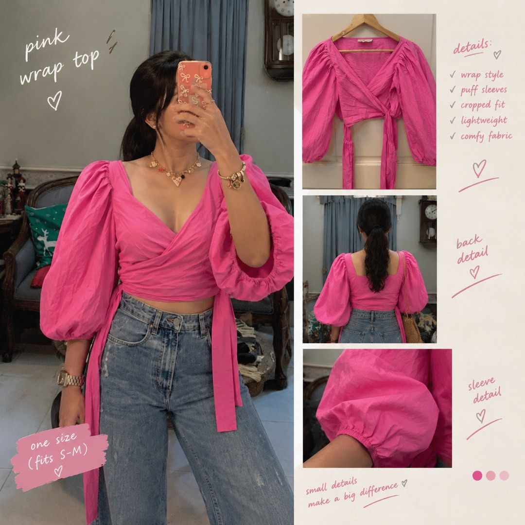 Pink Wrap Top with Puff Sleeves One Size S-M (Category: Blouses) located in Davao. Submitted by 2ndbase.dvo.ii (Listing ID 1467926375, Image 1). Description: - Color: Bright pink - Style: Wrap top with tie-waist and square cut back - Sleeves: Dramatic puff sleeves with elastic cuffs - Fit: Cropped, fits small to medium frames - Fabric: Lightweight and comfortable - Perfect for: Casual days, night outs, best paired with high-waisted denim jeans.