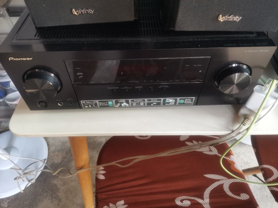 Pioneer AV Receiver VSX-523 (Category: Soundbars, Speakers & Amplifiers) located in Manila. Submitted by mykelpogi (Listing ID 1467888395, Image 1). Description: - Model: Pioneer VSX-523 AV Receiver (Black) - Features: 4K Ultra HD pass-through and USB input - Includes: Two Infinity speakers (placed on top) - Condition: Tested, working great with visible power cord and front jacks - Ideal for: Upgrading home theater and desktop audio setups - Meet
